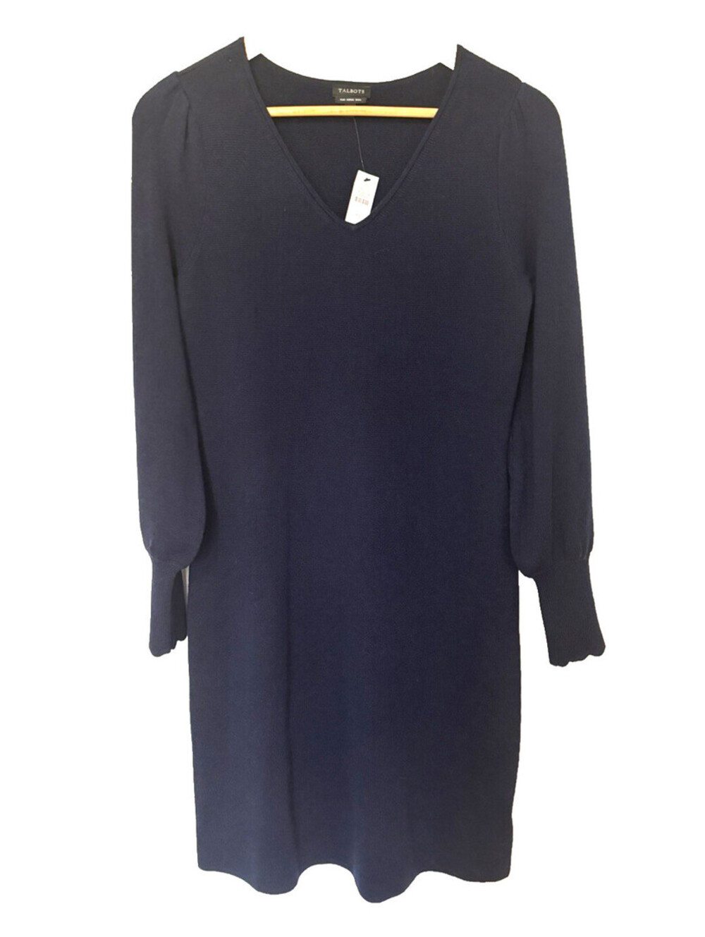 Talbots Pure Merino Wool Sweater Dress Women XS Navy Blue V Neck Puffed Sleeve